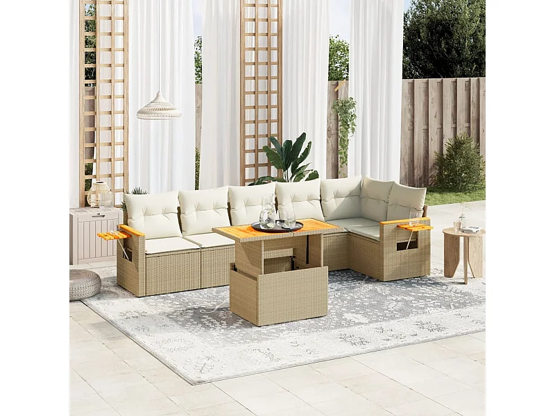 7 peças conjunto de sofás para jardim com almofadões vime PE bege