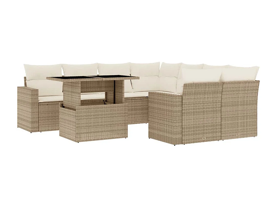 Set de sofás de jardín 9 piezas con cojines ratán sintético beige