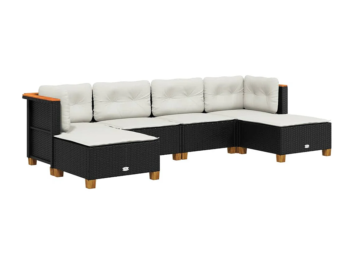 6-delige Loungeset met kussens poly rattan zwart