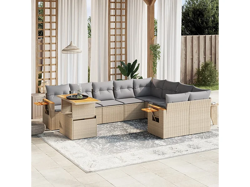 10-delige Loungeset met kussens poly rattan beige
