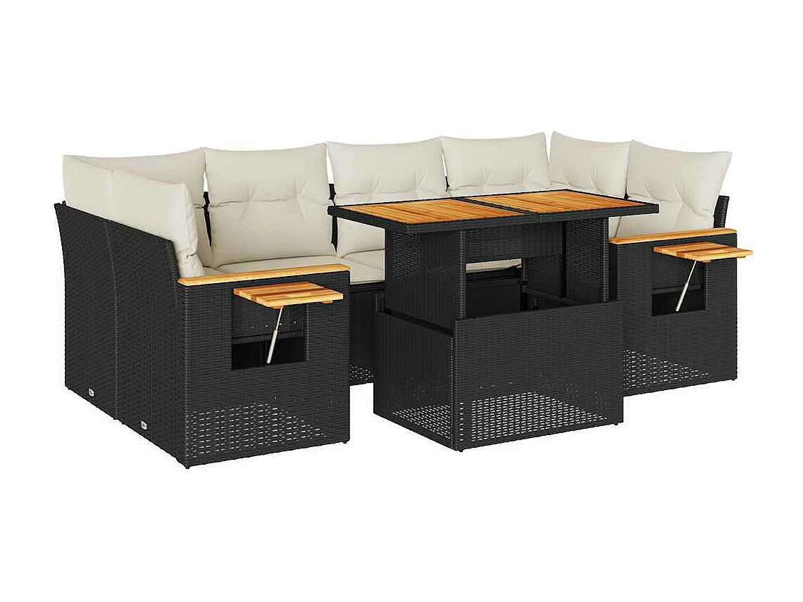 7 peças conjunto sofás jardim com almofadões vime PE/acácia preto