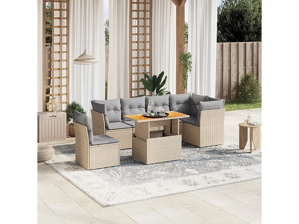 7 peças conjunto de sofás para jardim com almofadões vime PE bege