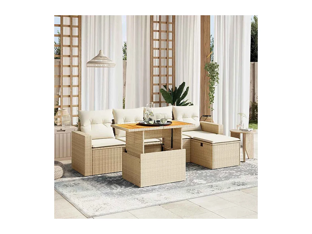 6-delige Loungeset met kussens poly rattan beige
