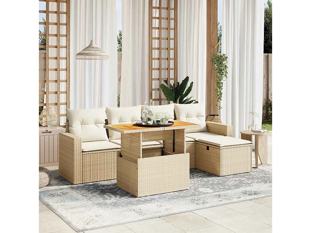 Salon de jardin avec coussins 6 pièces beige résine tressée