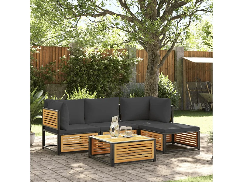 Salon de jardin avec coussins 5 pièces Bois d'acacia solide