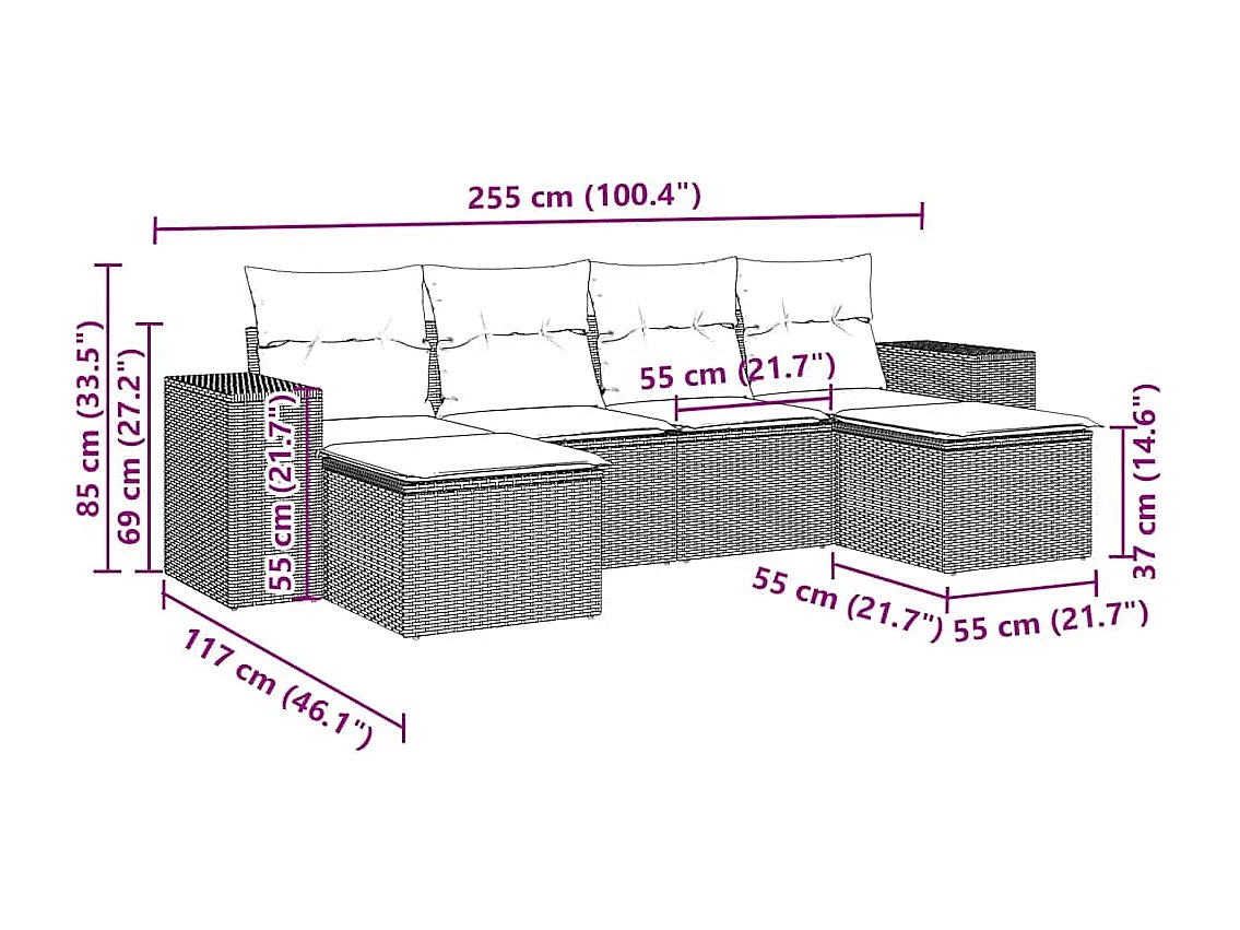 Salon de jardin 6 pièces avec coussins gris clair résine tressée