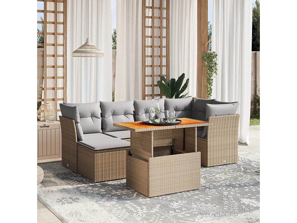 Salon de jardin avec coussins 7 pièces beige résine tressée