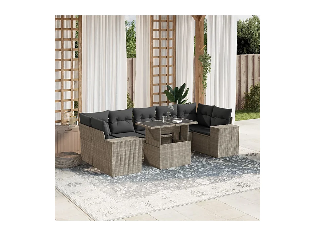 8-delige Loungeset met kussens poly rattan lichtgrijs
