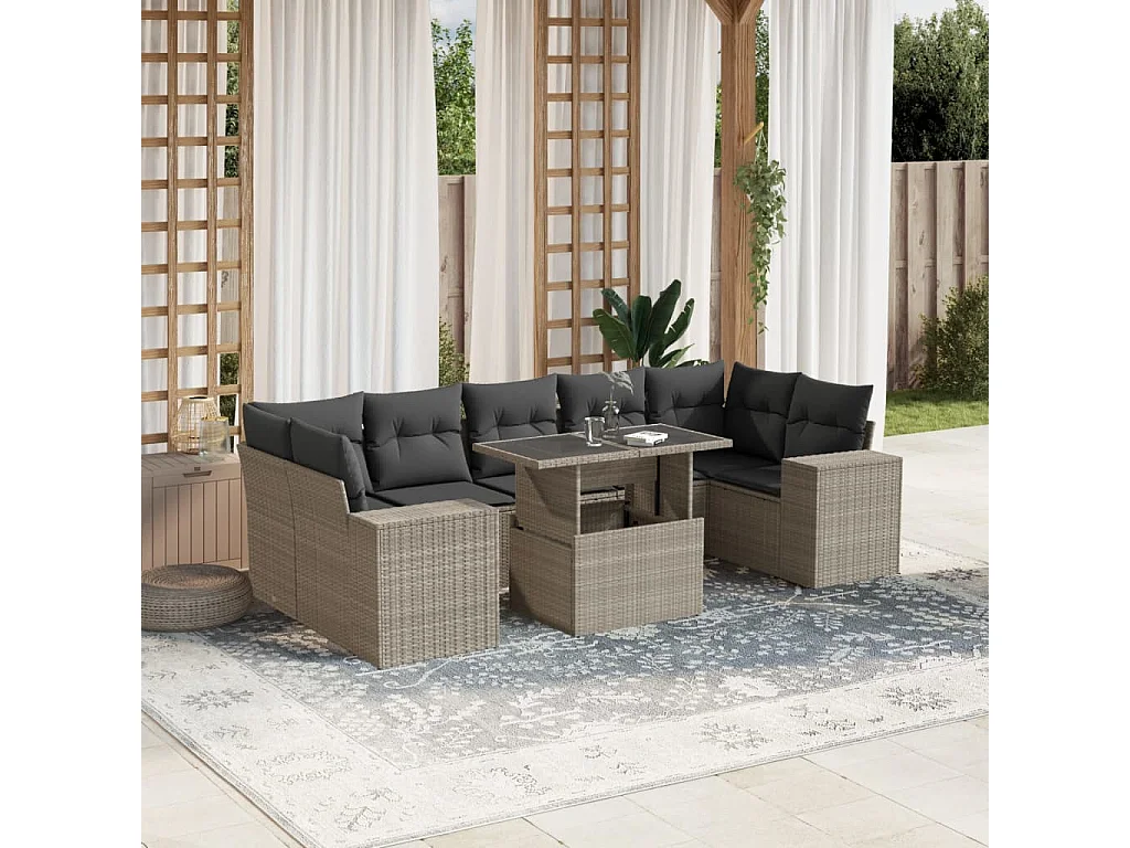 8 peças conj. sofás jardim com almofadões vime PE cinzento-claro
