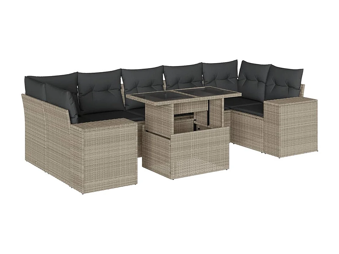 8 peças conj. sofás jardim com almofadões vime PE cinzento-claro
