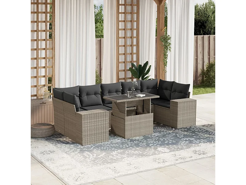 8 peças conj. sofás jardim com almofadões vime PE cinzento-claro