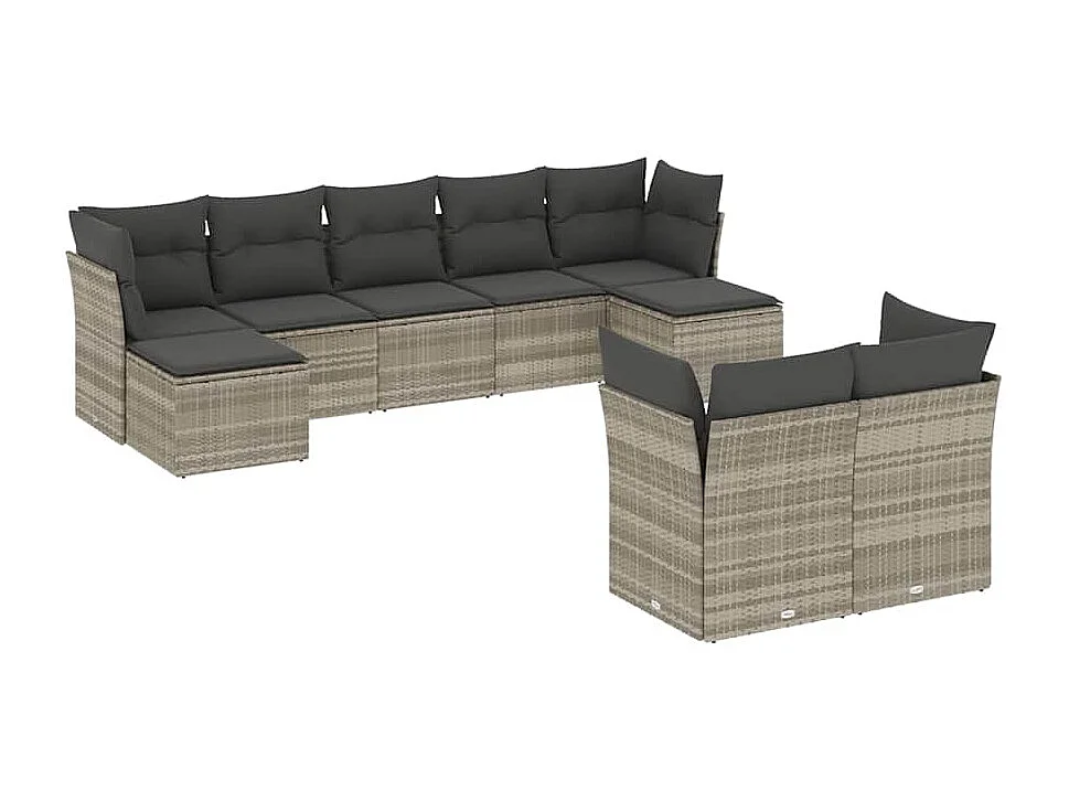 Salon de jardin 9 pièces avec coussins gris clair résine tressée