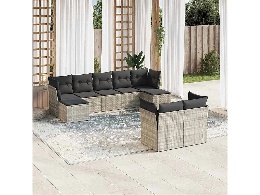 Salon de jardin 9 pièces avec coussins gris clair résine tressée
