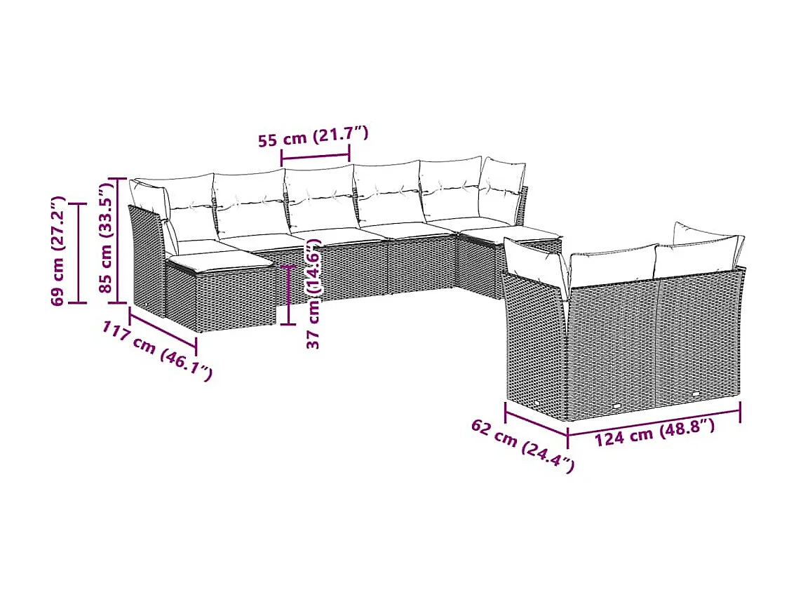 Salon de jardin 9 pièces avec coussins gris clair résine tressée