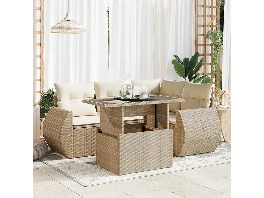 Salon de jardin avec coussins 5 pièces beige résine tressée
