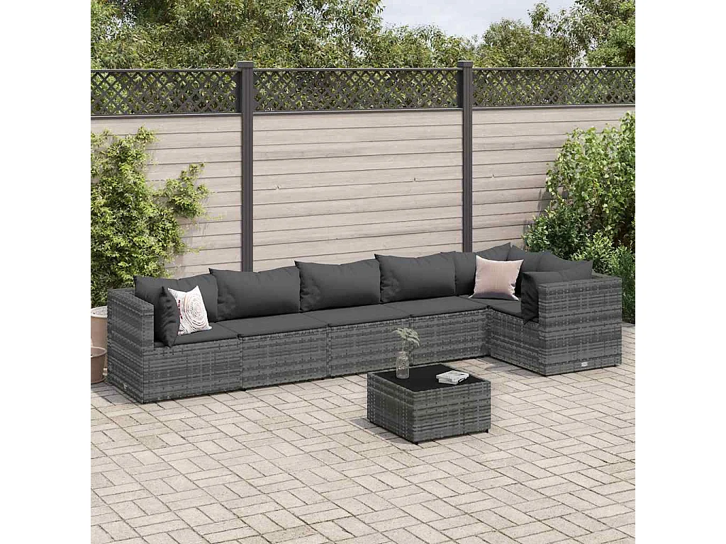 Set de muebles de jardín 7 piezas y cojines ratán sintético gris