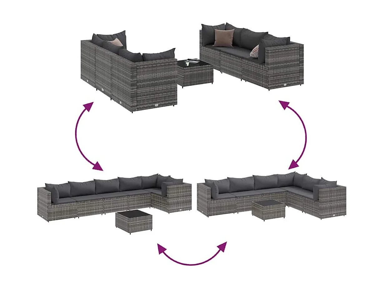 Set de muebles de jardín 7 piezas y cojines ratán sintético gris