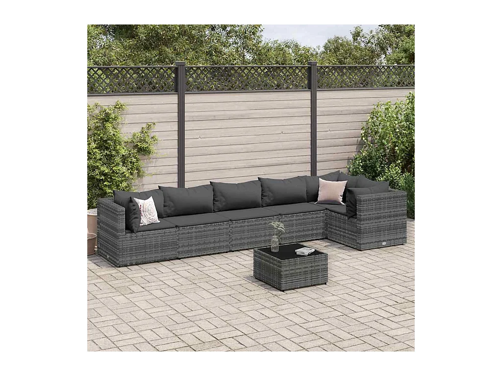 Salon de jardin 7 pièces avec coussins Gris Résine tressée