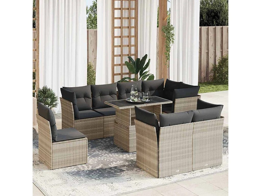 Set muebles jardín 9 piezas y cojines ratán sintético gris claro