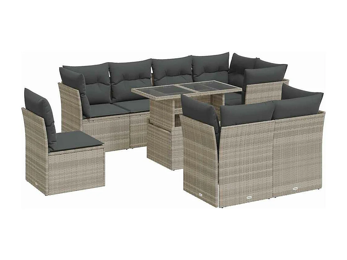 Set muebles jardín 9 piezas y cojines ratán sintético gris claro