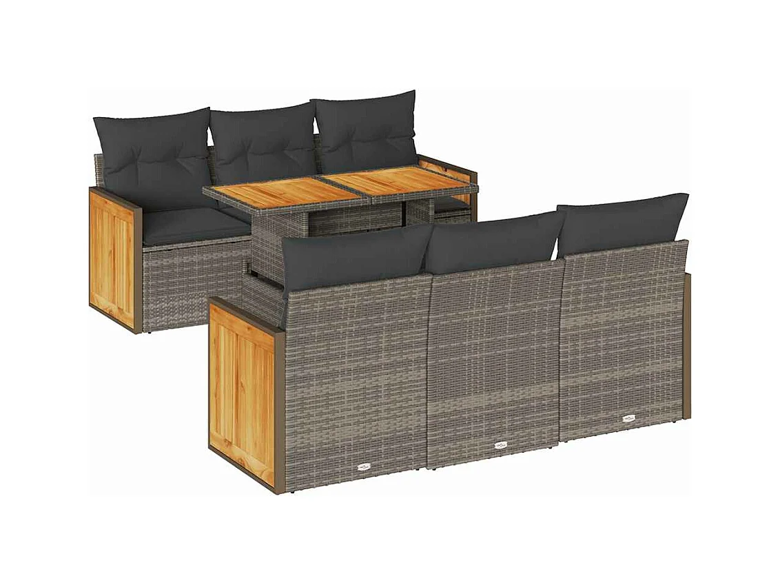 7 peças conjunto sofás jardim almofadões vime PE/acácia cinzento