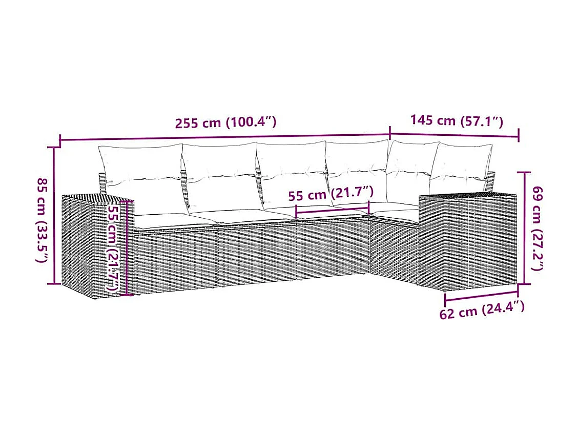 Set de sofás jardín y cojines 5 piezas ratán sintético gris claro