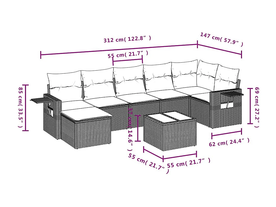 8-delige Loungeset met kussens poly rattan bruin