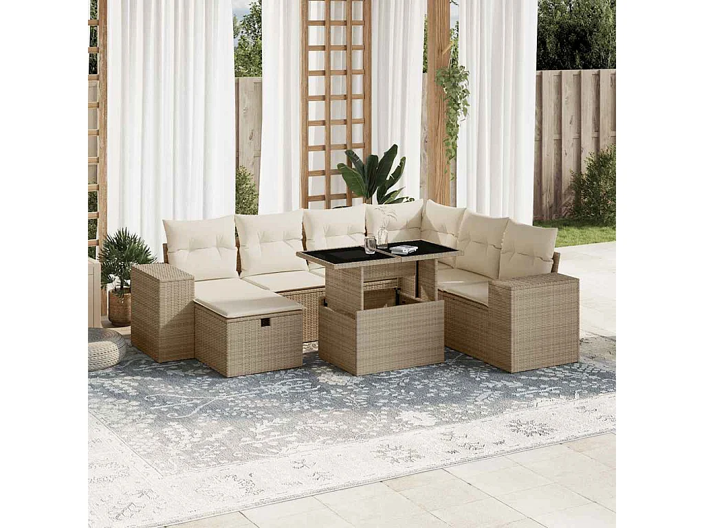 Salon de jardin avec coussins 8 pièces beige résine tressée