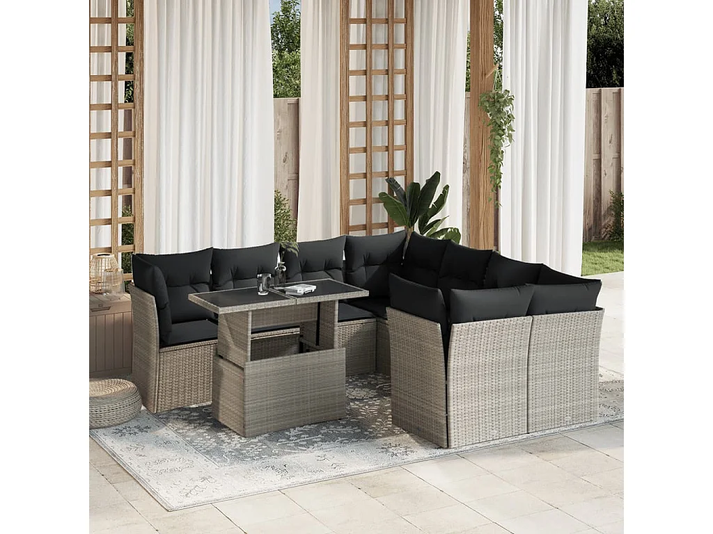 9-delige Loungeset met kussens poly rattan lichtgrijs