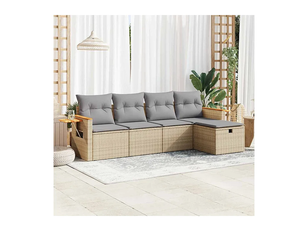 5-delige Loungeset met kussens poly rattan beige