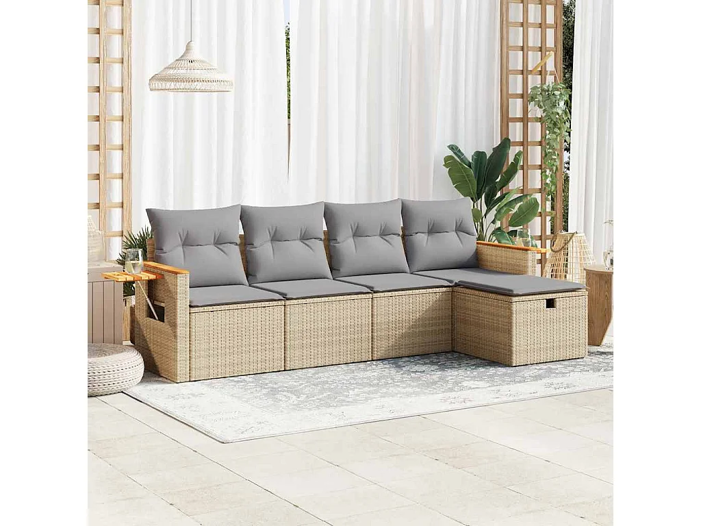 5-delige Loungeset met kussens poly rattan beige