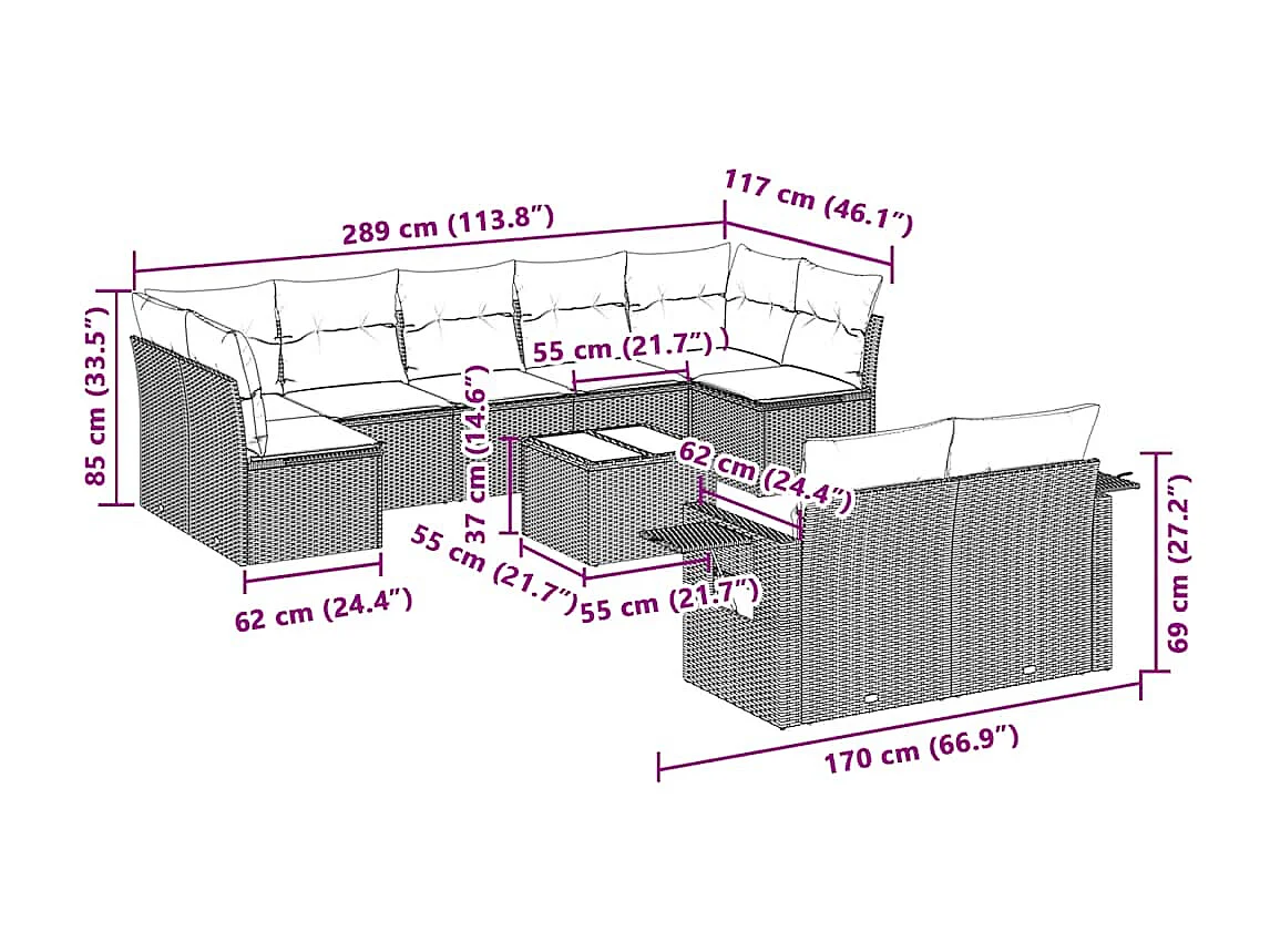 Set sofás jardín 10 piezas con cojines ratán sintético gris claro