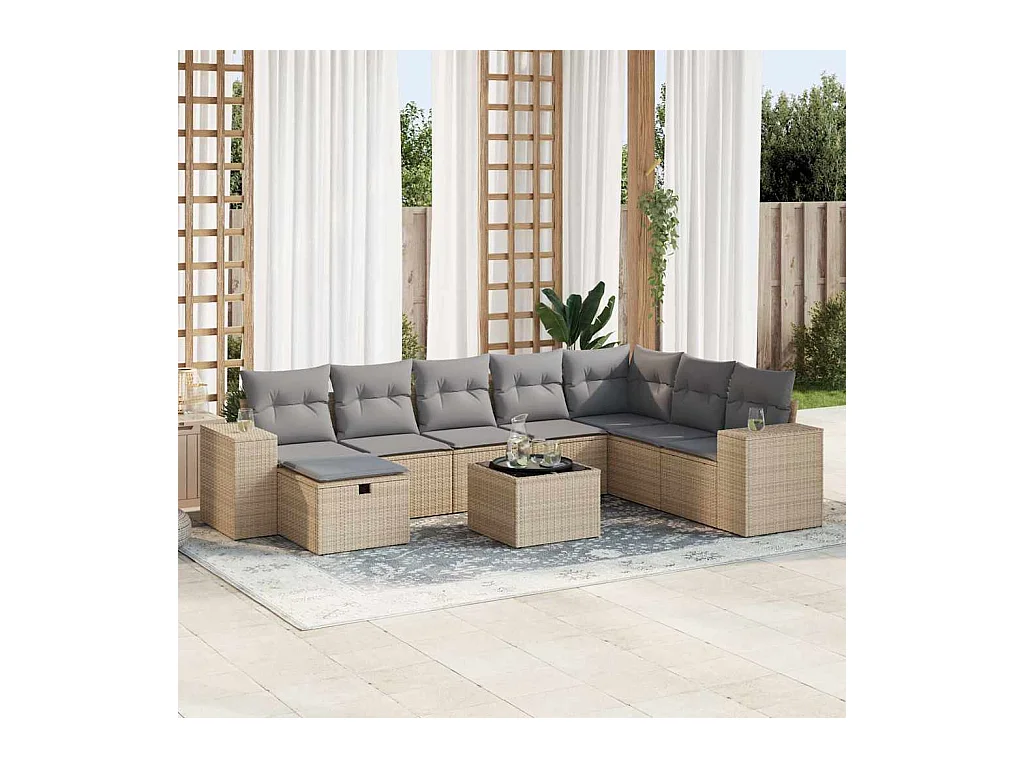 9 peças conjunto de sofás para jardim com almofadões vime PE bege