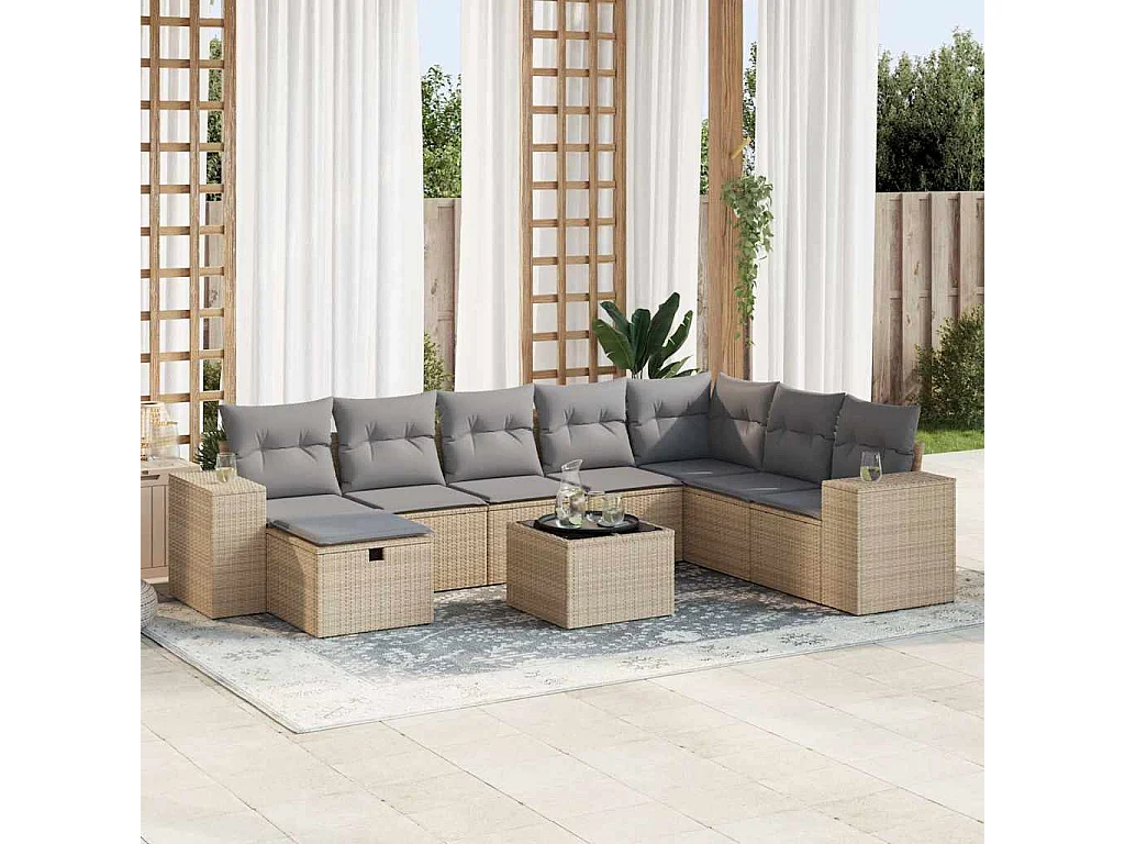 9-delige Loungeset met kussens poly rattan beige