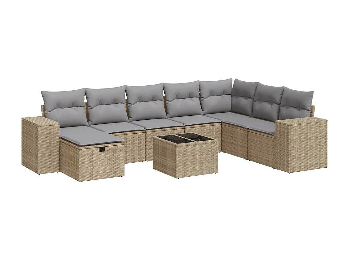 9-delige Loungeset met kussens poly rattan beige