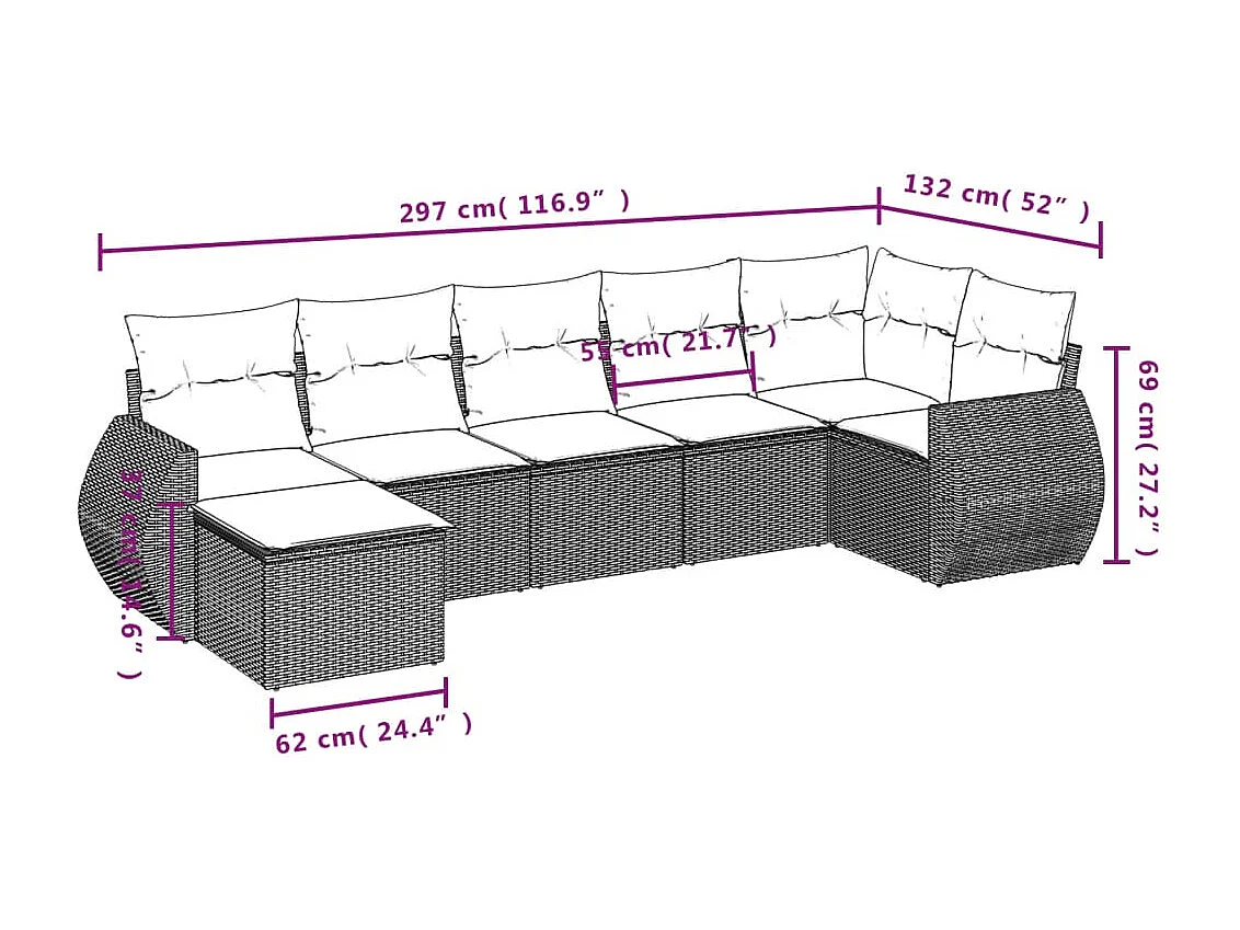 7-delige Loungeset met kussens poly rattan lichtgrijs