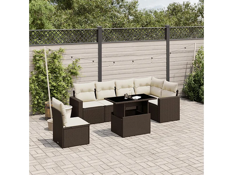 7-delige Loungeset met kussens poly rattan bruin