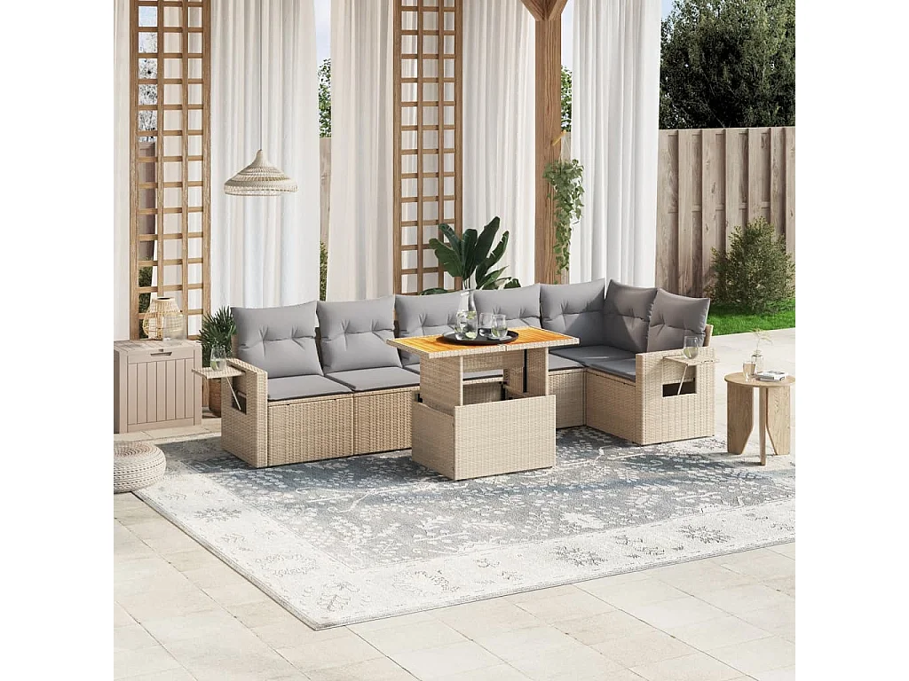 Salon de jardin avec coussins 7 pièces beige résine tressée