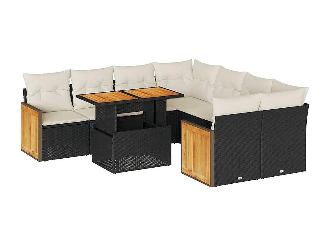 9-delige Loungeset met kussens poly rattan acacia zwart
