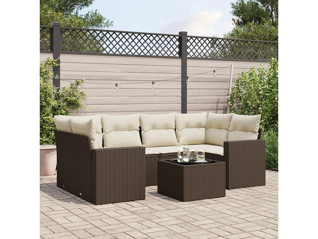 Salon de jardin avec coussins 7 pièces marron résine tressée