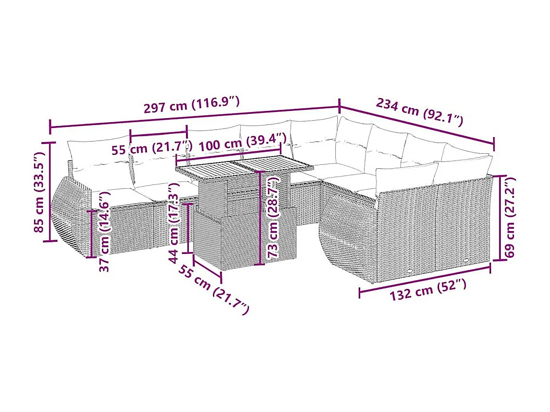 10 peças conjunto de sofás para jardim com almofadões vime PE bege