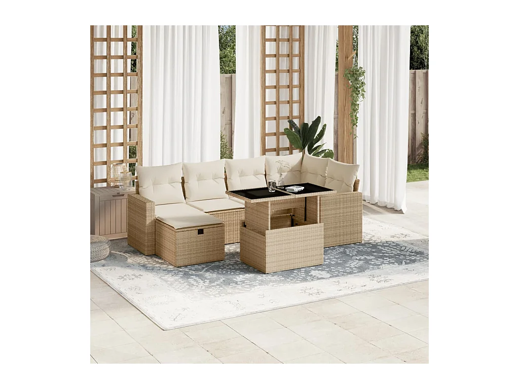 Salon de jardin avec coussins 7 pièces beige résine tressée