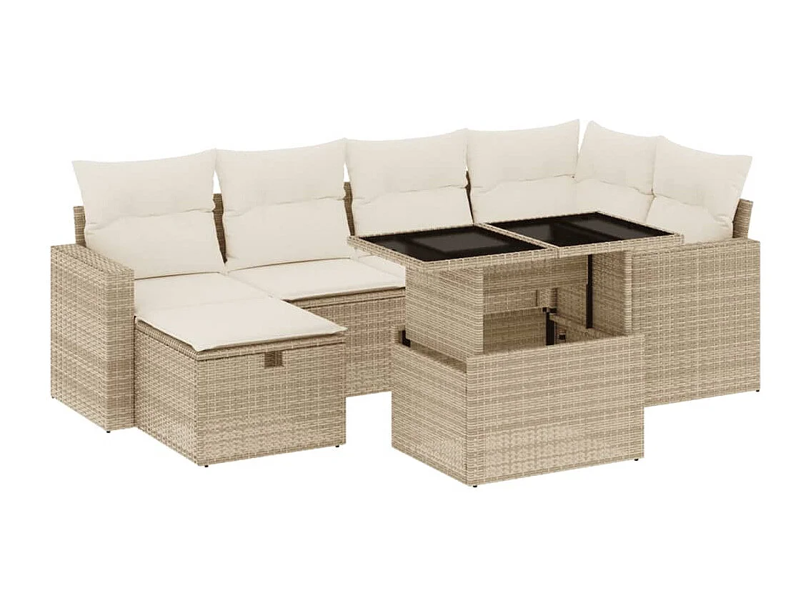 7-delige Loungeset met kussens poly rattan beige