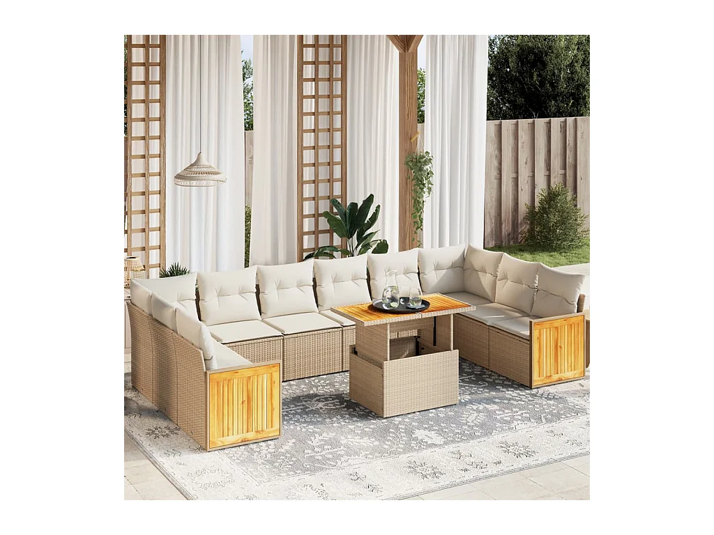 Salon de jardin 11 pièces avec coussins beige résine tressée