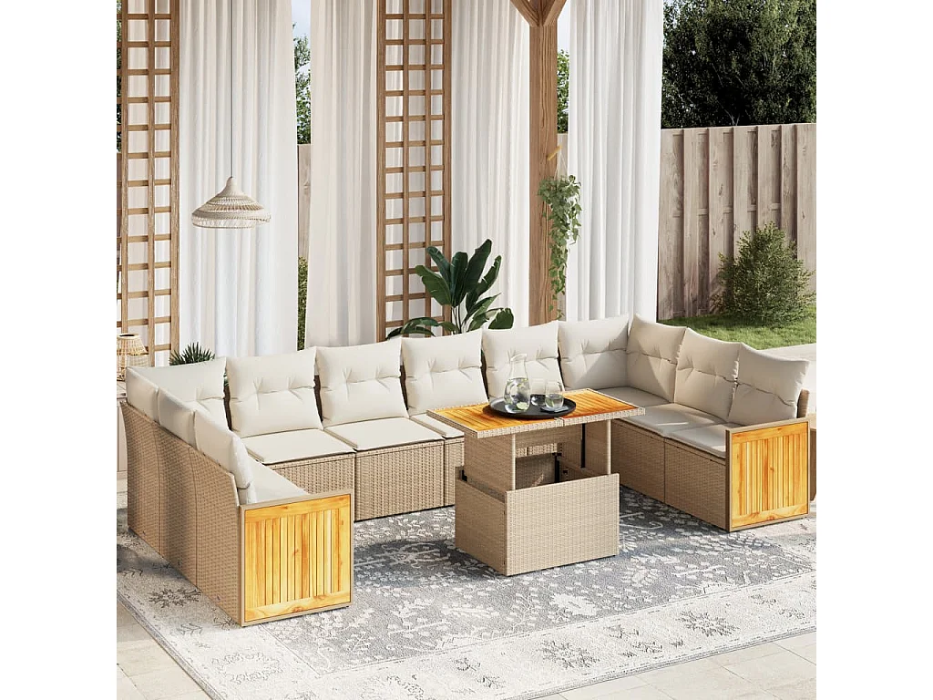 Salon de jardin 11 pièces avec coussins beige résine tressée