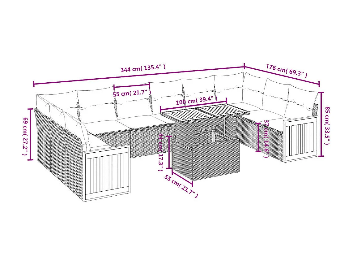 Salon de jardin 11 pièces avec coussins beige résine tressée