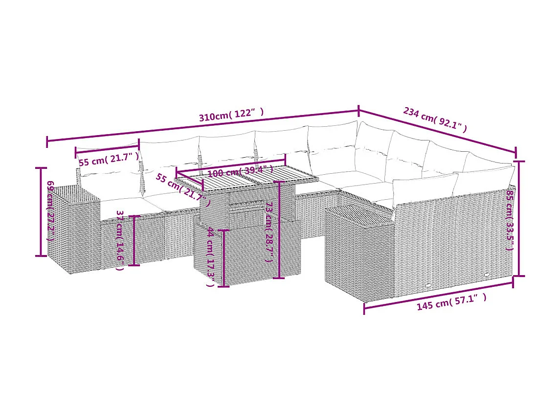 Salon de jardin avec coussins 10 pièces beige résine tressée