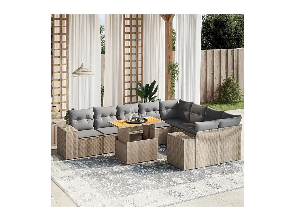 Salon de jardin avec coussins 10 pièces beige résine tressée