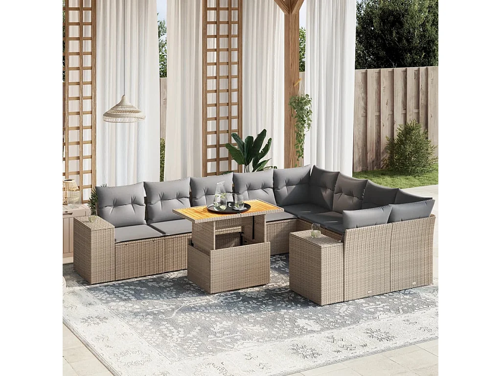 Salon de jardin avec coussins 10 pièces beige résine tressée