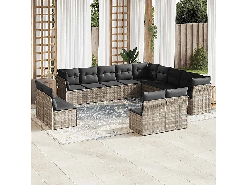 Set sofás de jardín con cojines 13 piezas ratán sintético gris